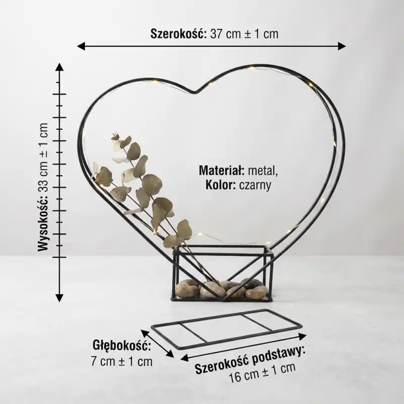 Schemat techniczny z wymiarami metalowego serca 33x37 cm, prezentujący głębokość podstawy oraz materiał.