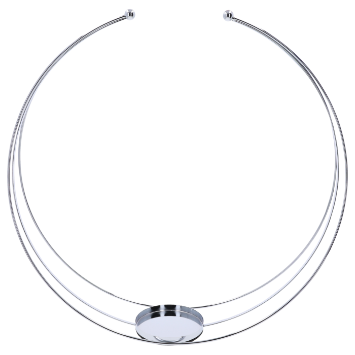 Srebrny metalowy stojak na kompozycje o wysokości 45 cm z okrągłą podstawką. Nowoczesna baza do dekoracji florystycznych w formie geometrycznej obręczy.