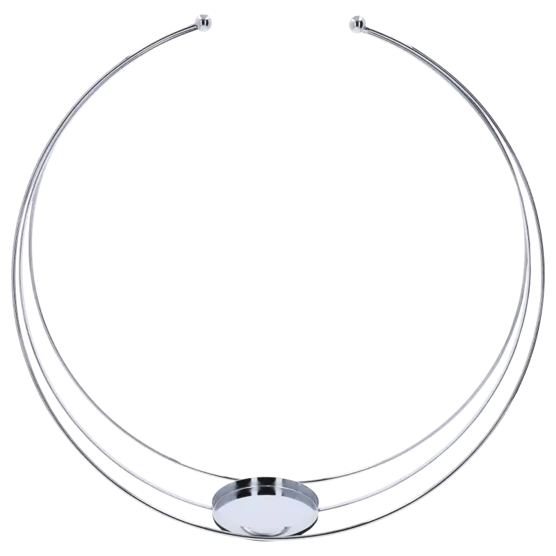 Srebrny metalowy stojak na kompozycje o wysokości 45 cm z okrągłą podstawką. Nowoczesna baza do dekoracji florystycznych w formie geometrycznej obręczy.