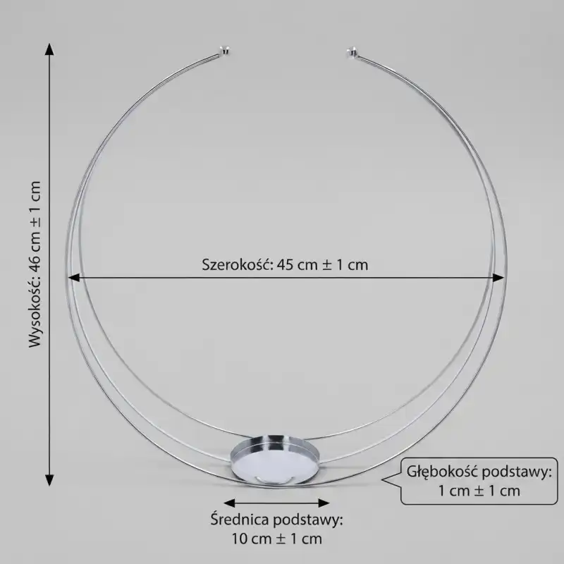 Graficzne przedstawienie wymiarów stojaka na kompozycje. Widoczna wysokość 45 cm oraz średnica podstawy 10 cm na jasnym tle.