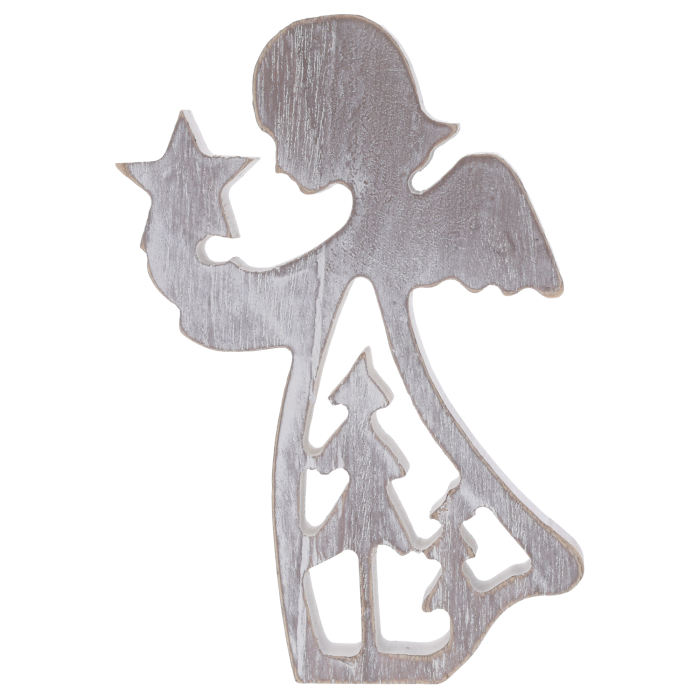 Drewniany anioł z gwiazdką o wysokości 14 cm w odcieniach szarości. Postarzana figurka z ażurowym wzorem choinek, idealna jako ozdoba bożonarodzeniowa do wnętrz.