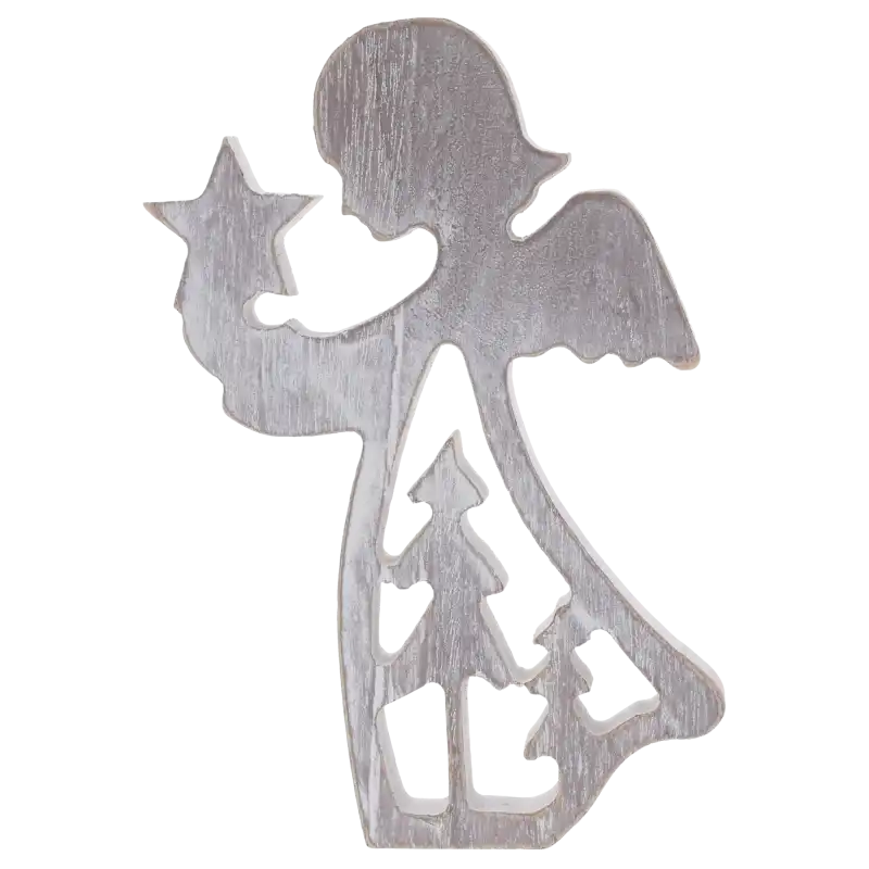 Drewniany anioł z gwiazdką o wysokości 14 cm w odcieniach szarości. Postarzana figurka z ażurowym wzorem choinek, idealna jako ozdoba bożonarodzeniowa do wnętrz.