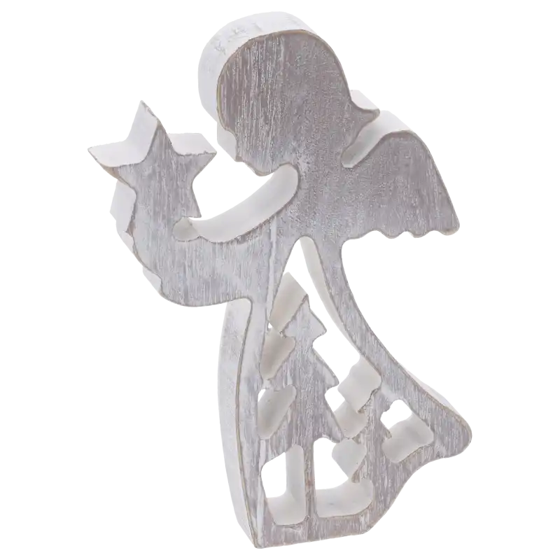 Ujęcie figurki anioła 14 cm pod kątem, ukazujące strukturę drewna w odcieniach szarości. Dekoracja bożonarodzeniowa o smukłym kształcie z ażurowym motywem.