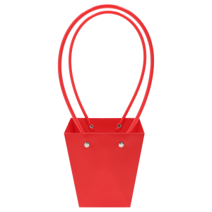 Czerwona torebka kwiatowa o wysokości 32 cm z wygodnymi uchwytami. Papierowe opakowanie na bukiety i rośliny doniczkowe w intensywnym kolorze.