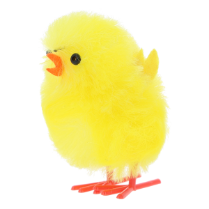 Profilowa prezentacja puchatej figurki kurczaczka z widocznym otwartym dziobem, na jasnym, neutralnym tle.