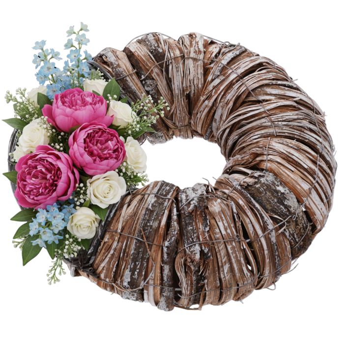 Wieniec z kory 30 cm bielony, drewniany podkład z folią na metalowym stelażu pod kompozycje florystyczne. Naturalna baza na stroiki nagrobne i dekoracje okolicznościowe, hurtownia florystyczna, sklep z dekoracjami.