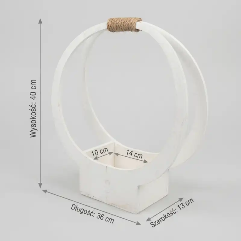 Kosz do kompozycji z naniesionymi wymiarami: 40 cm wysokości, 36 cm długości oraz 13 cm szerokości.