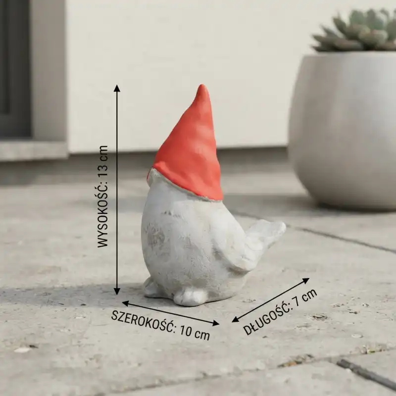 Ptaszek gipsowy z czerwoną czapką z zaznaczonymi wymiarami 13 cm wysokości. Element dekoracji świątecznej.