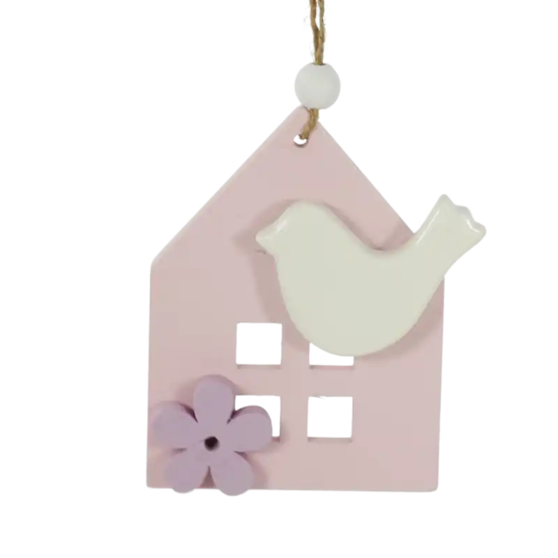 Różowa zawieszka Domek Ptaszek o wymiarach 6x8 cm. Ozdobny detal z motywem białego ptaszka i kwiatuszka na sznurku, idealny do dekoracji.