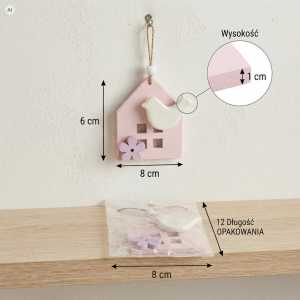 Instrukcja z wymiarami zawieszki Domek Ptaszek. Graficzne przedstawienie wysokości 6 cm, szerokości 8 cm oraz grubości 1 cm.