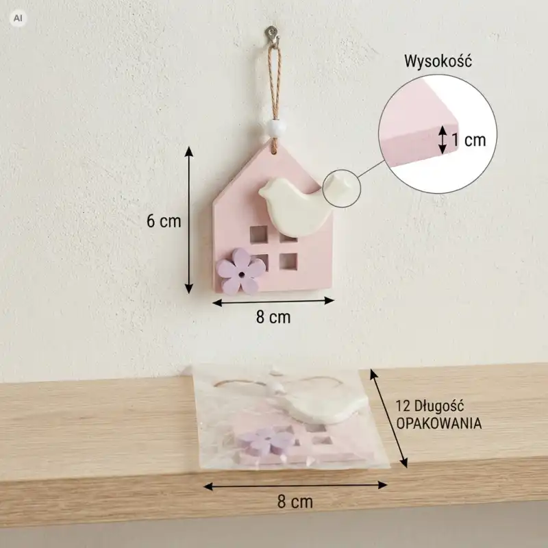 Instrukcja z wymiarami zawieszki Domek Ptaszek. Graficzne przedstawienie wysokości 6 cm, szerokości 8 cm oraz grubości 1 cm.