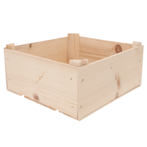Naturalna skrzynka drewniana z naniesionymi wymiarami 13 cm wysokości oraz 27 cm długości i szerokości.