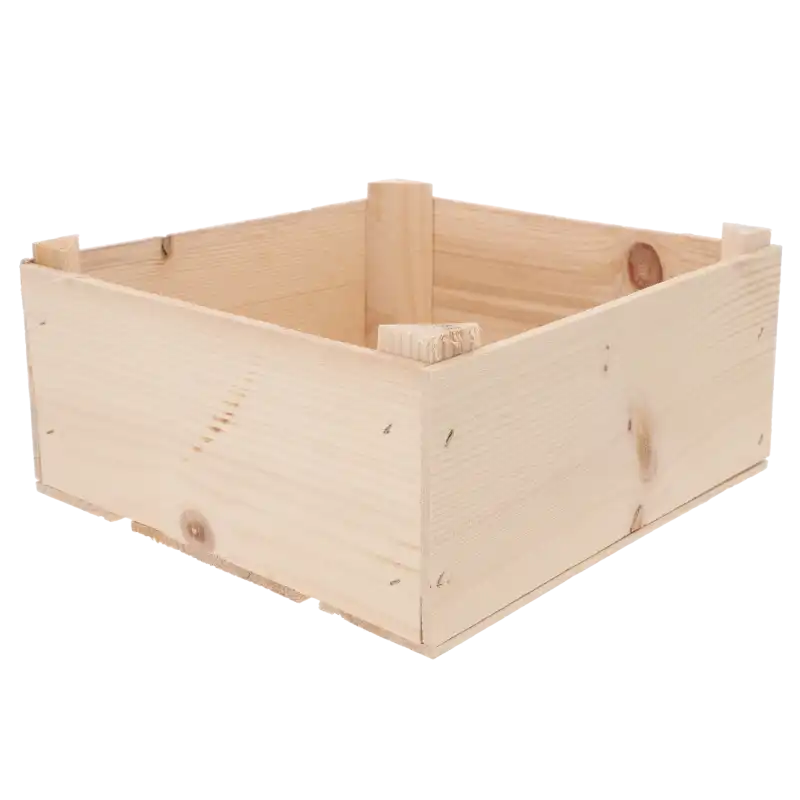 Naturalna skrzynka drewniana z naniesionymi wymiarami 13 cm wysokości oraz 27 cm długości i szerokości.