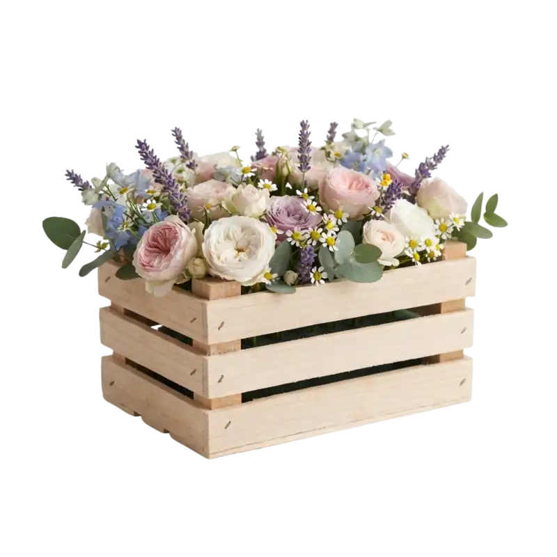 Kompozycja florystyczna z róż i lawendy w naturalnej skrzynce drewnianej, idealna do wnętrz boho.
