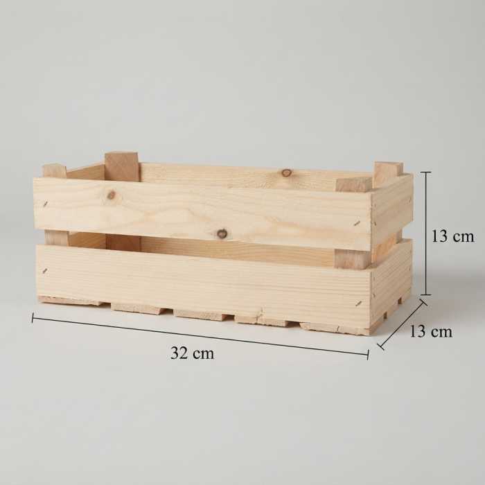 Skrzynka drewniana o wymiarach 32x13x13 cm z wyraźnym oznaczeniem długości, szerokości i wysokości bazy dekoracyjnej.