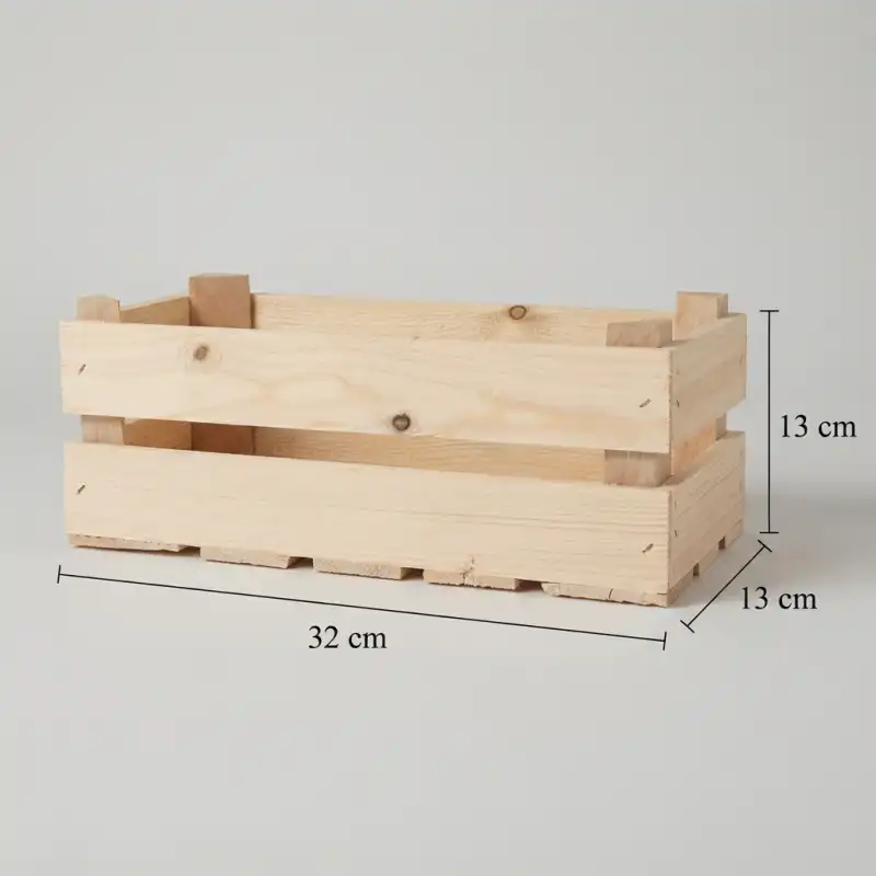 Skrzynka drewniana o wymiarach 32x13x13 cm z wyraźnym oznaczeniem długości, szerokości i wysokości bazy dekoracyjnej.