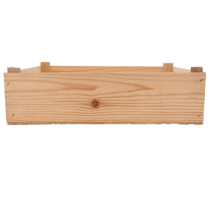 Naturalna skrzynka drewniana 40x30x12 cm, prostokątna baza do dekoracji florystycznych, widok z boku na fakturę drewna.