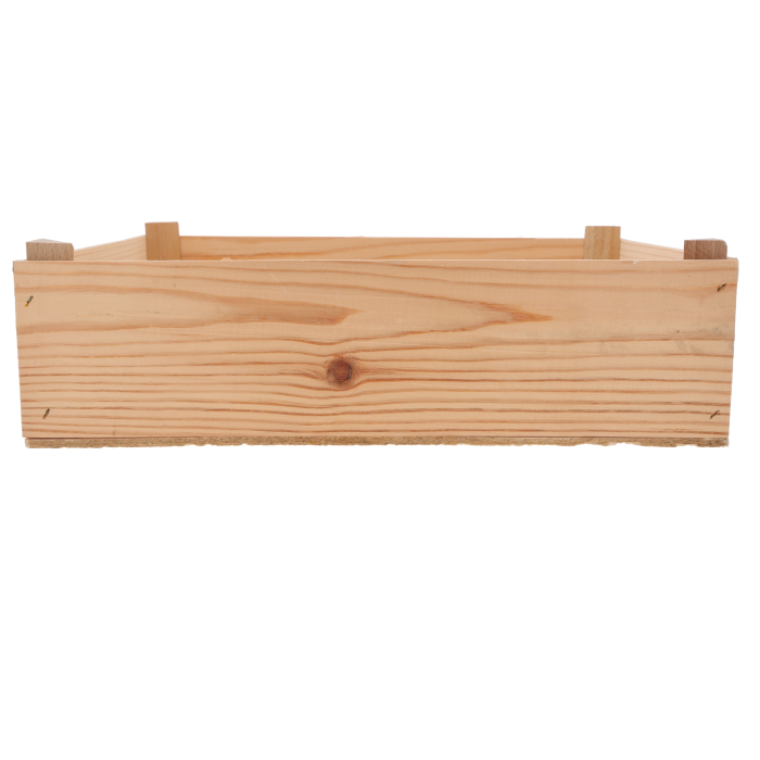 Naturalna skrzynka drewniana 40x30x12 cm, prostokątna baza do dekoracji florystycznych, widok z boku na fakturę drewna.