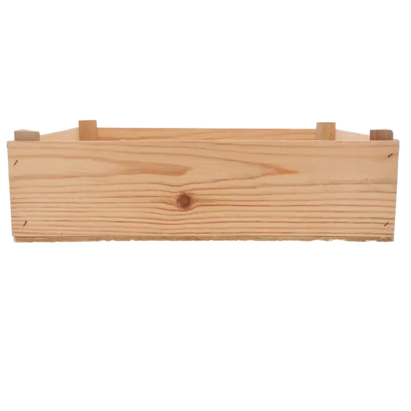 Naturalna skrzynka drewniana 40x30x12 cm, prostokątna baza do dekoracji florystycznych, widok z boku na fakturę drewna.