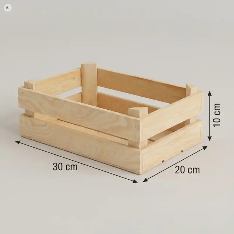 Grafika techniczna przedstawiająca wymiary skrzynki drewnianej: 30 cm długości, 20 cm szerokości oraz 10 cm wysokości w czytelny, przejrzysty sposób.