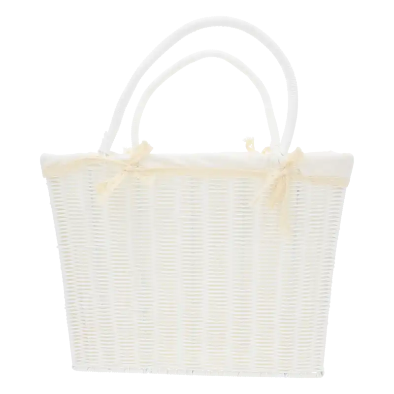 Biały kosz dekoracyjny o wymiarach 40x20x30 cm z pałąkiem 50 cm. Estetyczny kosz kwiatowy z wyściółką i kokardkami jako baza do aranżacji.