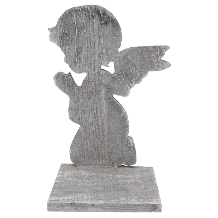 Statuetka w kształcie anioła 31 cm szara przecierana z drewnianą podstawą Trend Deco.