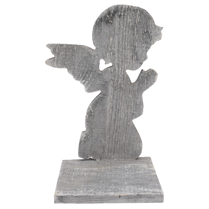 Statuetka w kształcie anioła 30 cm szara przecierana z drewnianą podstawą Trend Deco.