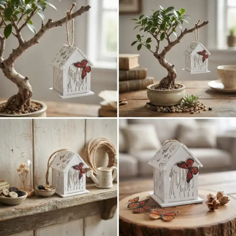 Drewniany domek z motylem zawieszony na gałązce bonsai, podkreślający wiosenny charakter ażurowej dekoracji.
