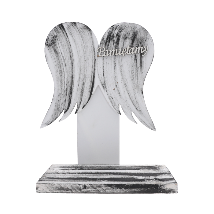 Statuetka nagrobna skrzydła czarno-biała z napisem Pamiętamy o wysokości 39 cm Trend Deco.