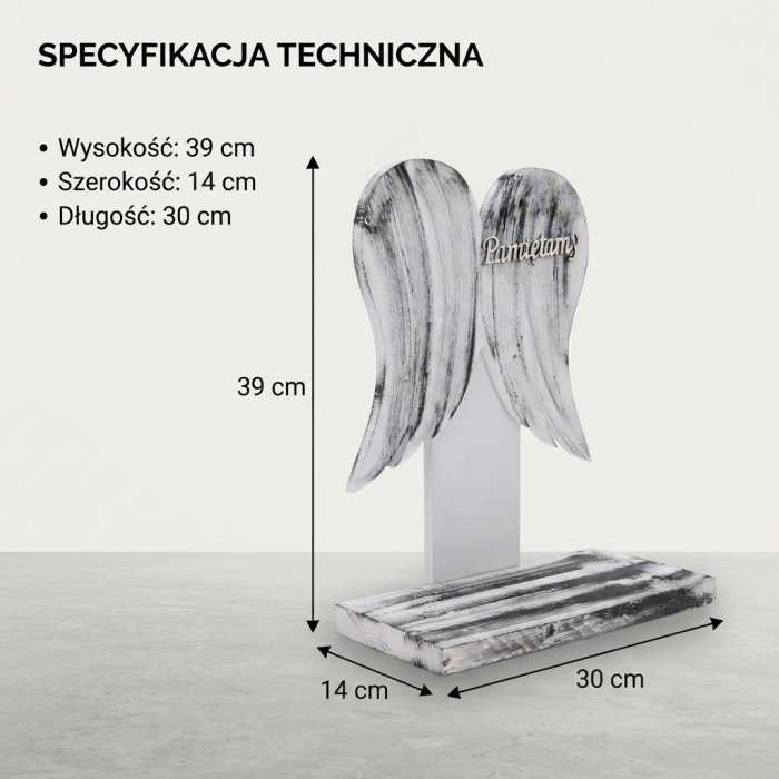 Nagrobna statuetka w kształcie skrzydeł anioła wykonana w efektownym, czarno-białym stylu z naturalnego drewna. Duża powierzchnia użytkowa ułatwia tworzenie kontrastowych i wyrazistych kompozycji na Wszystkich Świętych.