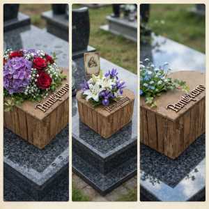 Trzy różne kompozycje florystyczne umieszczone w drewnianej osłonce serce 25 cm ustawionej na płycie nagrobnej.