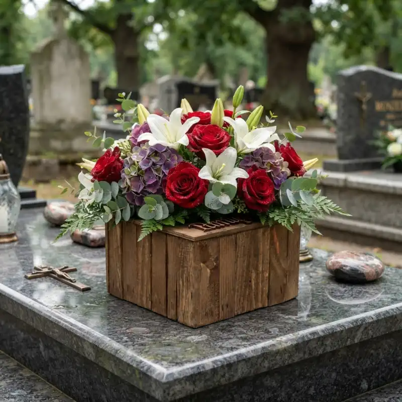 Gotowa kompozycja nagrobna z czerwonych róż i białych lilii w drewnianej osłonce serce na ciemnej płycie pomnika.