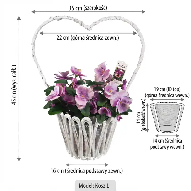 Schemat techniczny kosza rattanowego z opisem wymiarów zewnętrznych i wewnętrznych oraz wysokością całkowitą 45 cm.