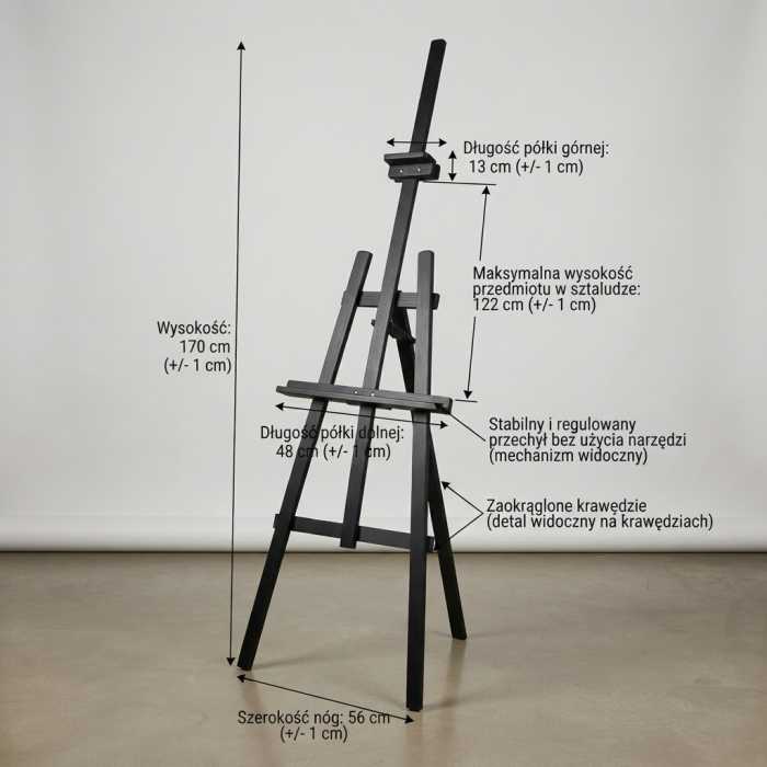 Szczegółowy schemat techniczny czarnej sztalugi z zaznaczonymi wymiarami 170 cm, szerokością nóg 56 cm oraz opisem regulowanych półek 48 cm i 13 cm.