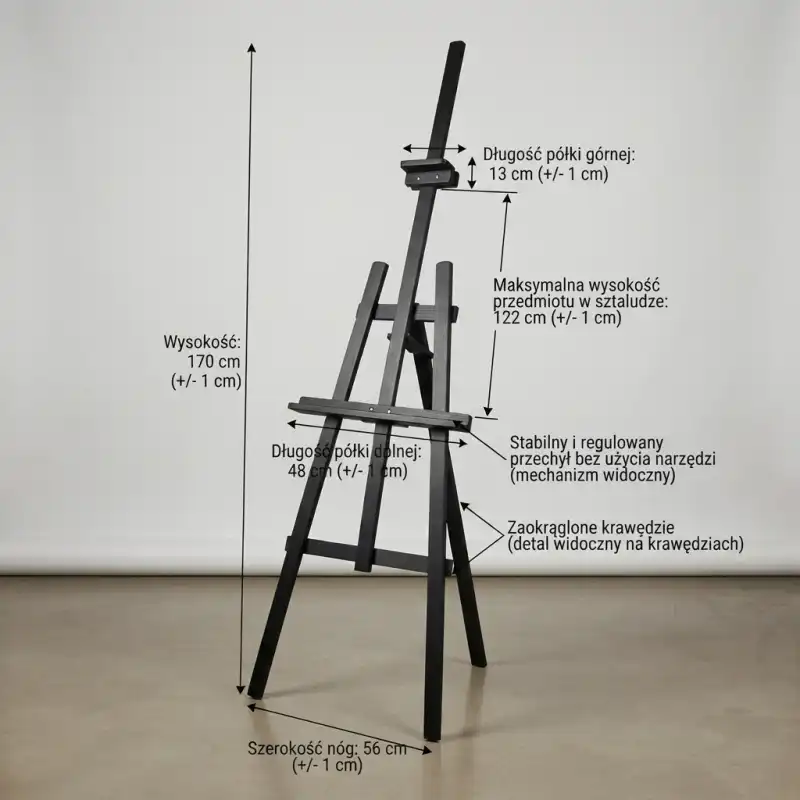 Szczegółowy schemat techniczny czarnej sztalugi z zaznaczonymi wymiarami 170 cm, szerokością nóg 56 cm oraz opisem regulowanych półek 48 cm i 13 cm.