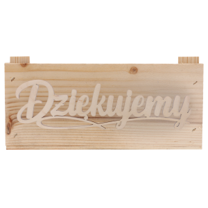 Drewniana skrzynka o wymiarach 13x27x27 cm z dekoracyjnym napisem Dziękujemy. Idealna baza na skrzynki prezentowe.