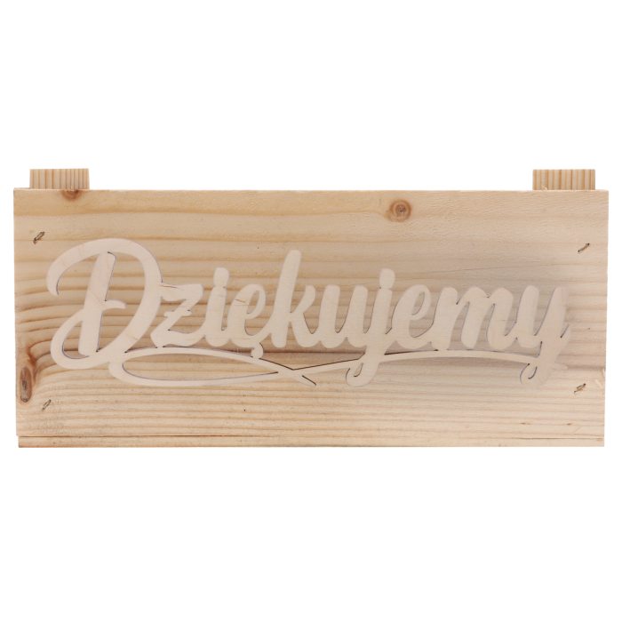 Drewniana skrzynka o wymiarach 13x27x27 cm z dekoracyjnym napisem Dziękujemy. Idealna baza na skrzynki prezentowe.