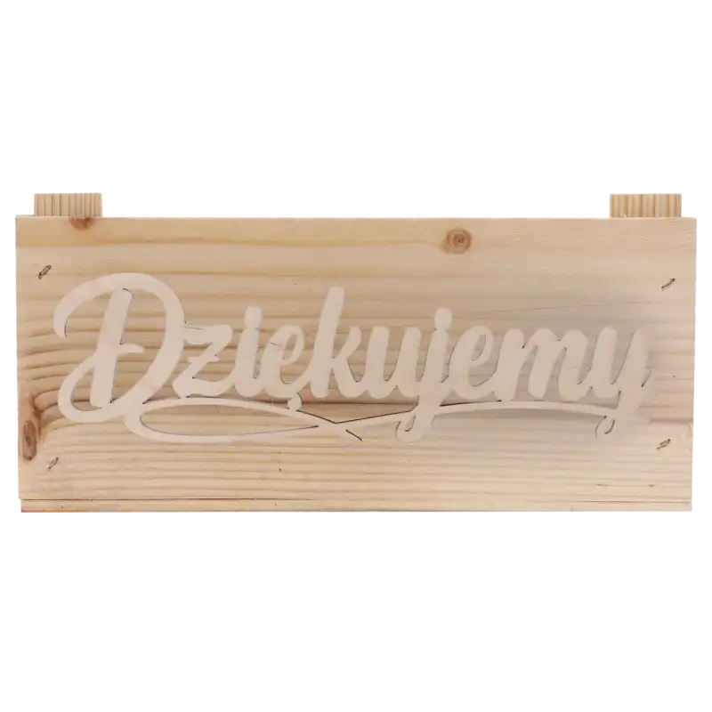 Drewniana skrzynka o wymiarach 13x27x27 cm z dekoracyjnym napisem Dziękujemy. Idealna baza na skrzynki prezentowe.