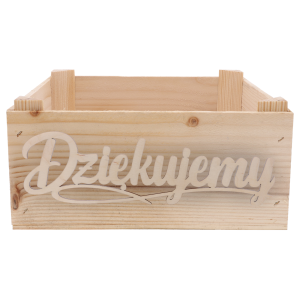 Zdjęcie skrzynki z naniesionymi wymiarami: 13 cm wysokości oraz 27 cm szerokości i długości. Widoczne wnętrze.