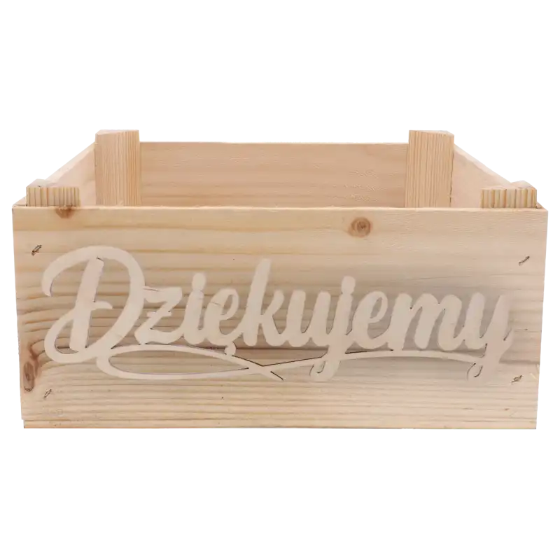 Zdjęcie skrzynki z naniesionymi wymiarami: 13 cm wysokości oraz 27 cm szerokości i długości. Widoczne wnętrze.