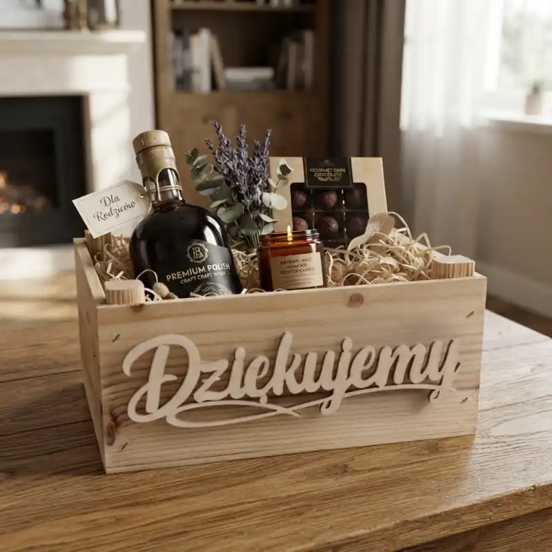 Kwadratowy pojemnik z surowego drewna zaprezentowany na ekspozycji sklepu z dekoracjami i akcesoriami okolicznościowymi. Trwały i powtarzalny produkt od producenta stanowi świetne zaopatrzenie dla branży e-commerce oraz dekoratorów.