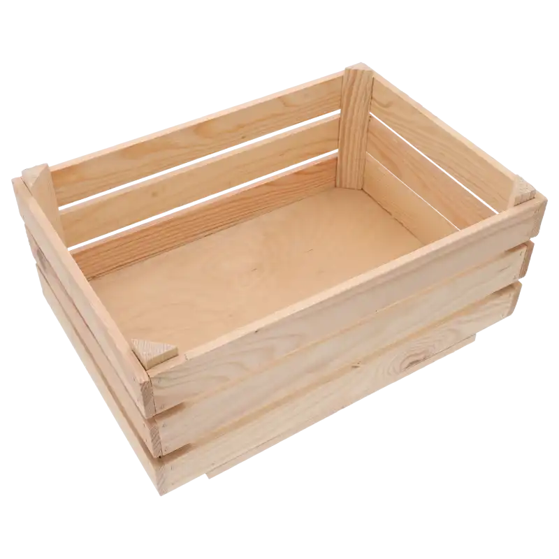 Naturalna drewniana skrzynka 40x28 cm o prostokątnym kształcie i ażurowej konstrukcji, idealna do dekoracji domu.