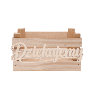 Drewniana skrzynka z ozdobnym napisem Dziękujemy o wymiarach 13x23 cm w kolorze naturalnym, idealna jako baza na upominki.