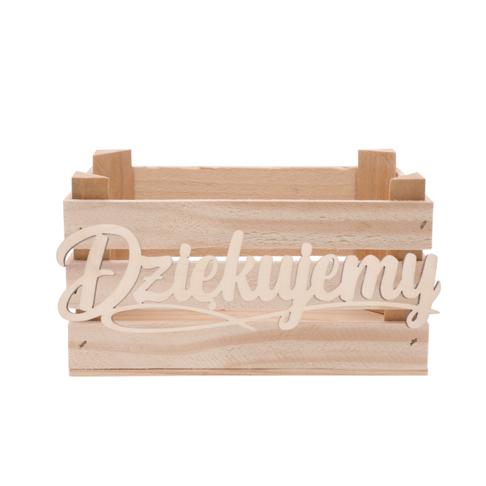 Drewniana skrzynka z ozdobnym napisem Dziękujemy o wymiarach 13x23 cm w kolorze naturalnym, idealna jako baza na upominki.