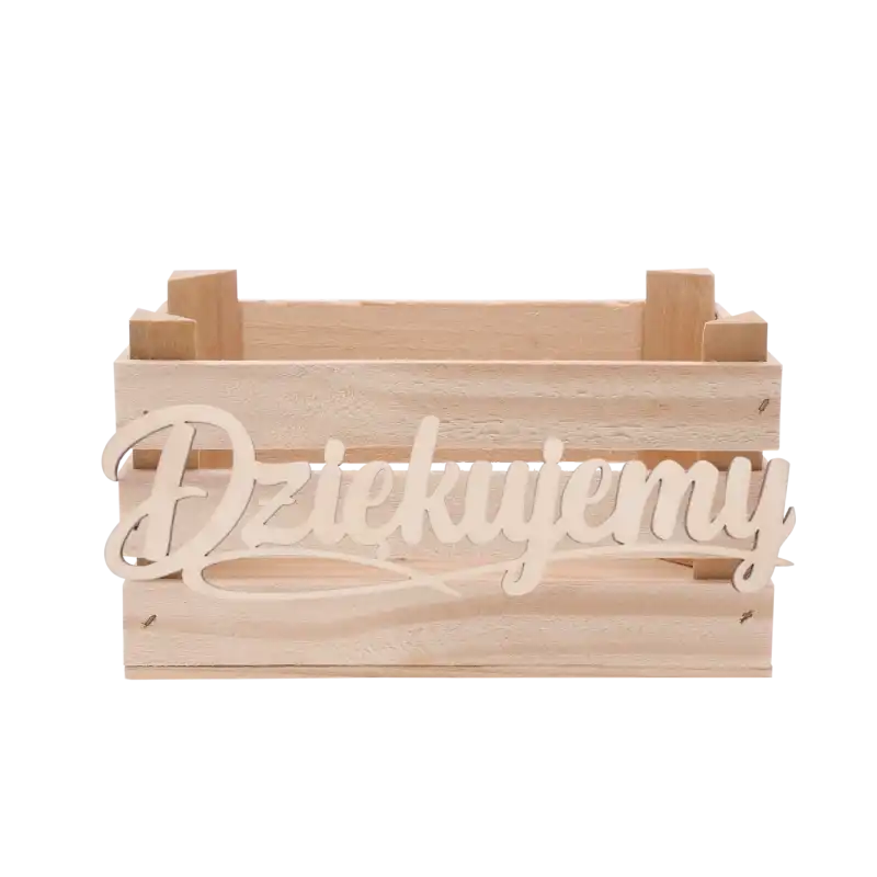 Drewniana skrzynka z ozdobnym napisem Dziękujemy o wymiarach 13x23 cm w kolorze naturalnym, idealna jako baza na upominki.