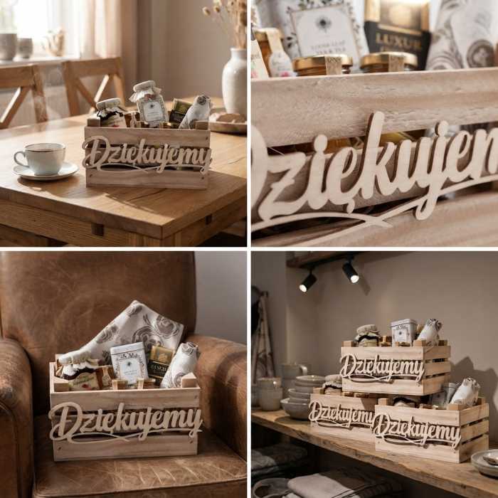 Drewniana skrzynka wypełniona prezentami, postawiona na drewnianym stole obok filiżanki z gorącym napojem w domowym wnętrzu.