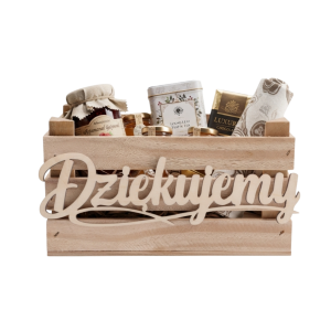 Pusta drewniana skrzynka z napisem Dziękujemy, ukazująca naturalną strukturę drewna i prostokątną konstrukcję.