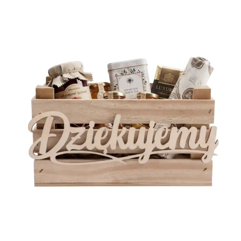 Pusta drewniana skrzynka z napisem Dziękujemy, ukazująca naturalną strukturę drewna i prostokątną konstrukcję.