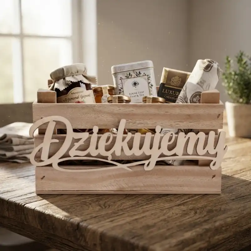 Widok z ukosa na pustą, prostokątną skrzynkę z drewna, przygotowaną jako baza do tworzenia podziękowań dla rodziców.