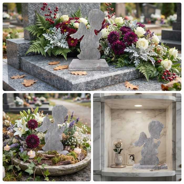 Drewniana statuetka anioła nagrobnego o wysokości 40 cm w kolorze szarym przecieranym. Ta pełna powagi ozdoba na cmentarz stanowi doskonałą bazę do kompozycji florystycznych i eleganckich dekoracji nagrobnych.